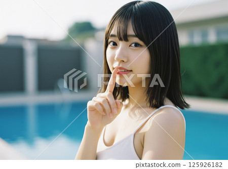 年輕女子在泳池畔放鬆 125926182