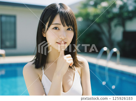 年輕女子在泳池畔放鬆 125926183