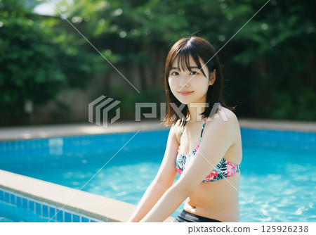 Young woman relaxing by the pool 125926238
