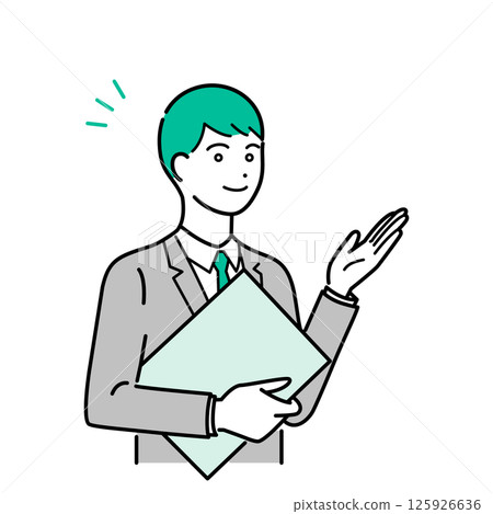 A simple upper body vector illustration of a man in a business suit holding a binder and explaining 125926636