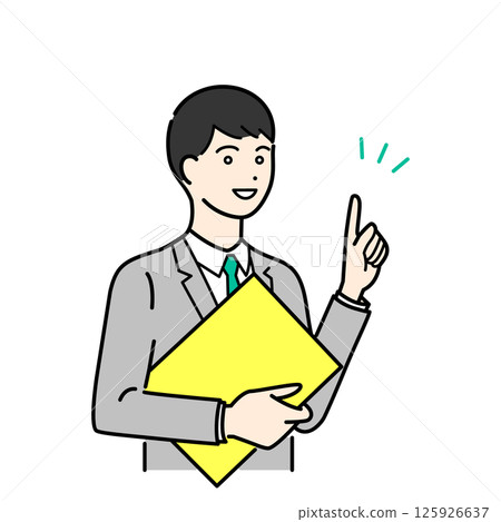 A simple upper body vector illustration of a man in a business suit holding a binder and explaining A simple upper body vector illustration of a man in a business suit holding a binder and explaining 125926637