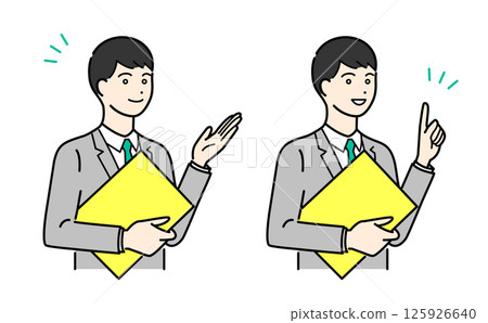 簡單的上身向量插圖集，一個穿著西裝的男人拿著活頁夾並解釋 125926640