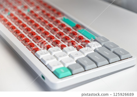 Mechanical keyboard with custom red switches and keycaps in the process of full assembly setup Mechanical keyboard with custom red switches and keycaps in the process of full assembly setup 125926689