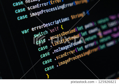 Swift code on screen showing error enumeration with switch statement logic and return handling Swift code on screen showing error enumeration with switch statement logic and return handling 125926821