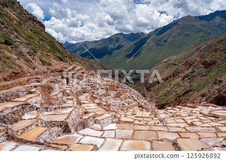 Salt terraces at Salinas de Maras in the Sacred Valley, Peru 125926892