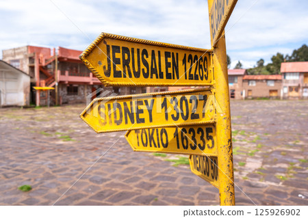 World capitals distance sign on Taquile Island, Lake Titicaca, Peru 125926902