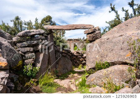 Pre-Inca archaeological site on Taquile Island, Lake Titicaca, Peru 125926903