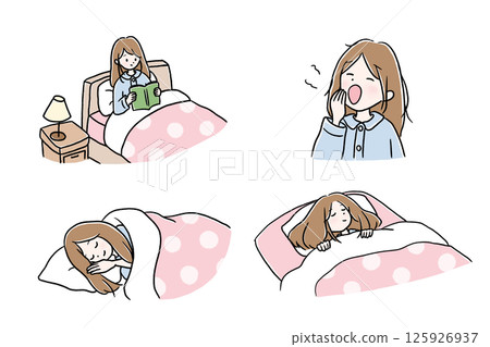Set of long-haired woman going to bed, yawning, reading in bed 125926937