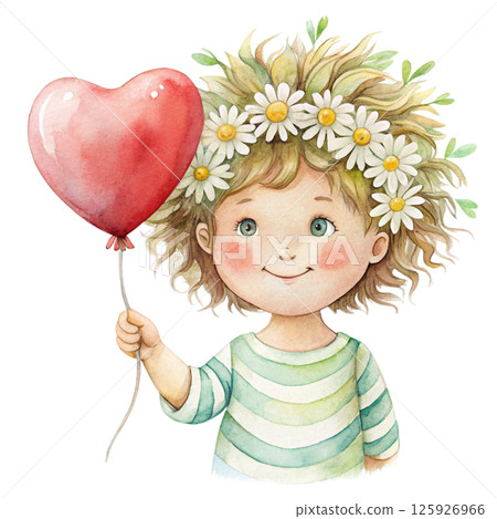 A cute girl wearing a flower crown on her head and holding a heart balloon A cute girl wearing a flower crown on her head and holding a heart balloon 125926966