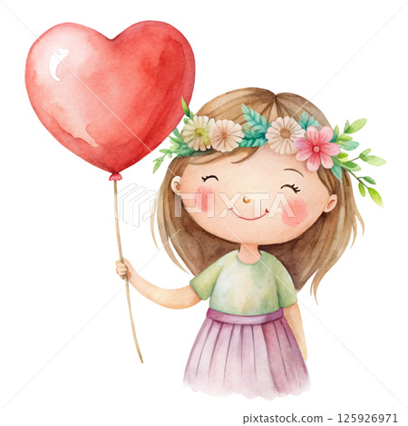 A cute girl wearing a flower crown on her head and holding a heart balloon A cute girl wearing a flower crown on her head and holding a heart balloon 125926971