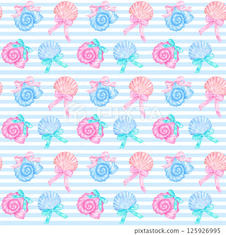 Coquette Seashell Girly Summer Seamless Pattern, Watercolor Colorful Shell with Bow on Blue Background, Coastal Wallpaper Coquette Seashell Girly Summer Seamless Pattern, Watercolor Colorful Shell with Bow on Blue Background, Coastal Wallpaper 125926995