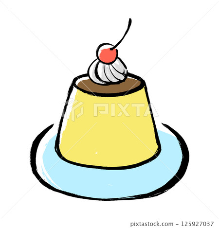 A brush-drawn illustration of a pudding topped with cherries 125927037