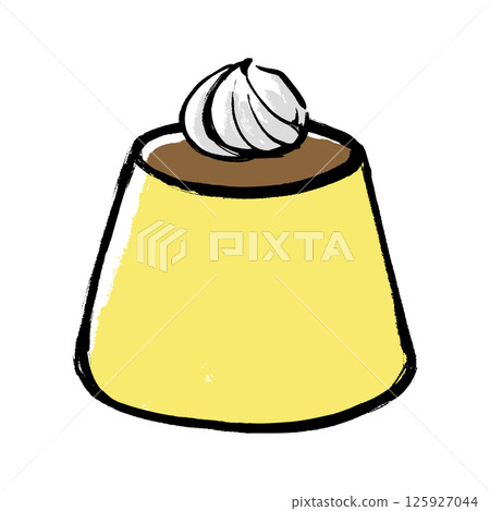 A brush-drawn illustration of a pudding topped with cream A brush-drawn illustration of a pudding topped with cream 125927044