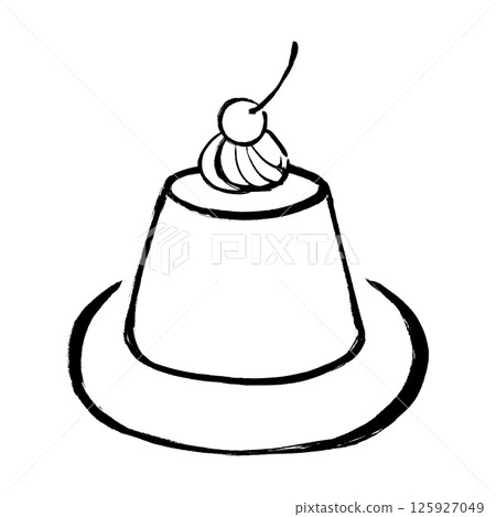 A brush-drawn illustration of a pudding topped with cherries 125927049