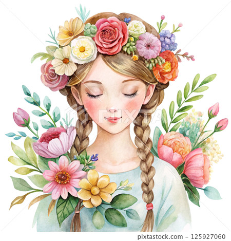 A cute little girl with a flower crown on her head, standing holding a giant bouquet of flowers A cute little girl with a flower crown on her head, standing holding a giant bouquet of flowers 125927060