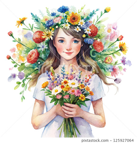 A cute little girl with a flower crown on her head, standing holding a giant bouquet of flowers 125927064
