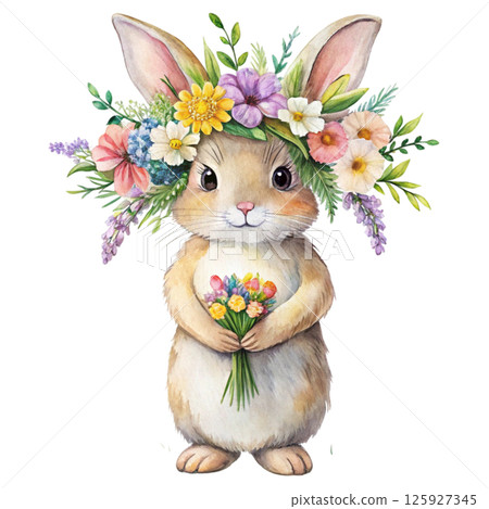 Cute animals with a flower crown on her head, standing holding a giant bouquet of flowers 125927345