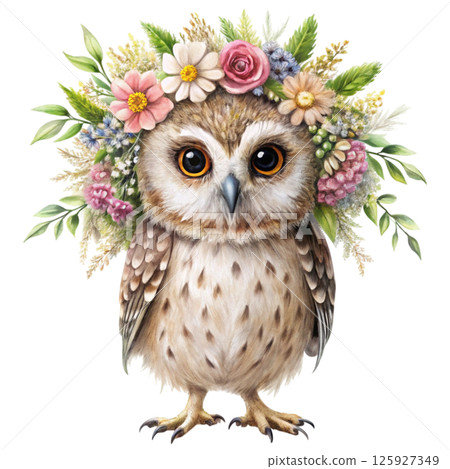 Cute animals with a flower crown on her head, standing holding a giant bouquet of flowers Cute animals with a flower crown on her head, standing holding a giant bouquet of flowers 125927349