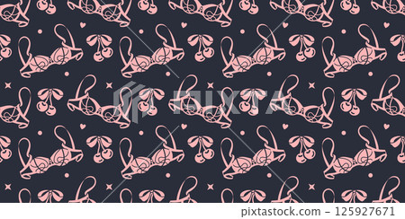 Wide seamless background with tender pink lingerie on stylish black background. Graphic wallpaper, flirty and fashionable packaging, textile design, or romantic feminine vibe with a rock gothic twist Wide seamless background with tender pink lingerie on stylish black background. Graphic wallpaper, flirty and fashionable packaging, textile design, or romantic feminine vibe with a rock gothic twist 125927671