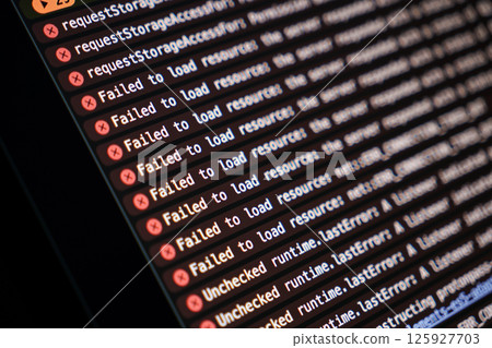 javascript browser console showing multiple failed to load resource and unchecked runtime errors during frontend development and debugging process in dark mode interface 125927703