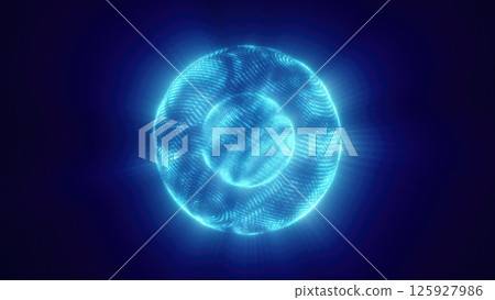 Futuristic glowing blue sphere composed of digital lines and dots on a dark background, representing technology, data, and innovation 125927986