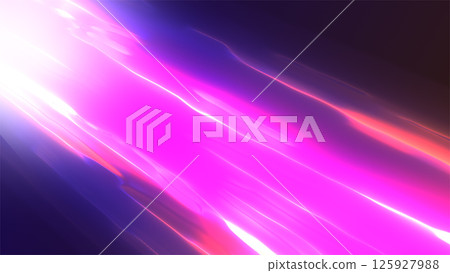 A futuristic pink and purple light trail moving at high speed across a dark background 125927988