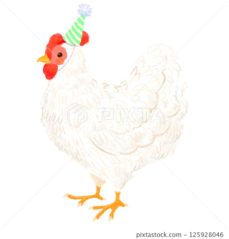 Hand drawn illustration of a cute chicken wearing a party hat 125928046