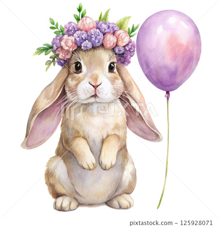 cute rabbit breeds wearing flower crowns and holding giant heart-shaped balloons 125928071