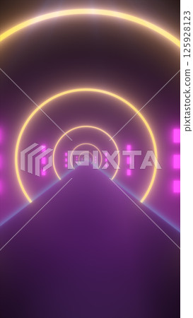 Neon-lit tunnel with glowing arches and purple atmosphere, evoking a retro-futuristic sci-fi setting 125928123