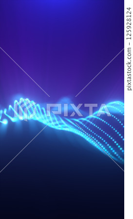 Abstract neon blue waveform moving in a dark violet space, resembling a digital sound or signal flow 125928124