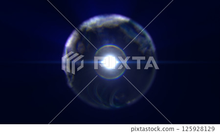 Blue glowing sphere emitting intense light rays in cosmic environment with circular distortion 125928129