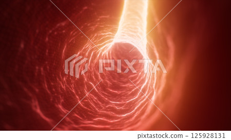 Intense red and orange glowing tunnel visual with radiant energy lines, resembling a plasma or bio-energy conduit Intense red and orange glowing tunnel visual with radiant energy lines, resembling a plasma or bio-energy conduit 125928131