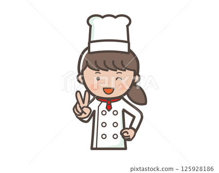 Illustration of the upper body of a smiling young female chef making a peace sign 125928186