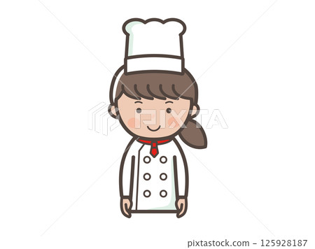 Illustration of the upper body of a young female chef facing forward with a smile Illustration of the upper body of a young female chef facing forward with a smile 125928187