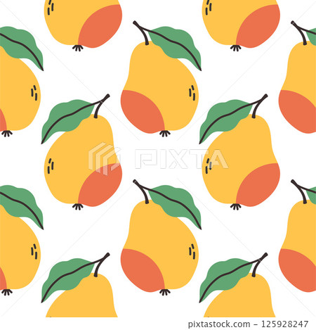Yellow pear summer pattern on white background. Simple seamless pattern with pears. Vector design for greeting card and invitation of seasonal summer holiday Yellow pear summer pattern on white background. Simple seamless pattern with pears. Vector design for greeting card and invitation of seasonal summer holiday 125928247