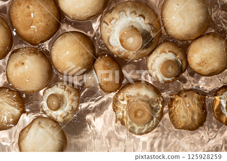 Organic Cremini Mushrooms Brown Champignons in a Water Splash 125928259
