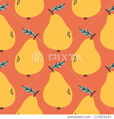 Yellow pear summer pattern on red background. Simple seamless pattern with pears. Vector design for greeting card and invitation of seasonal summer holiday Yellow pear summer pattern on red background. Simple seamless pattern with pears. Vector design for greeting card and invitation of seasonal summer holiday 125928261