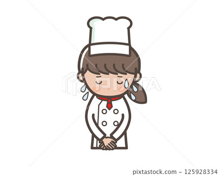 Illustration of the upper body of a young female chef apologizing with a cold sweat Illustration of the upper body of a young female chef apologizing with a cold sweat 125928334