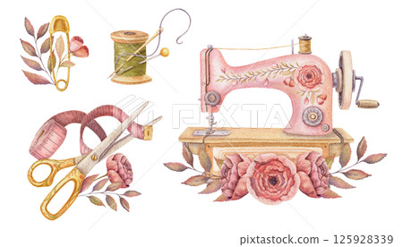 Set of sewing tool and needlework composition in watercolor. Hand drawn vintage arrangement with machine and scissors. Fashion industry and craft hobby kit. Perfect for atelier or dressmaking design. Set of sewing tool and needlework composition in watercolor. Hand drawn vintage arrangement with machine and scissors. Fashion industry and craft hobby kit. Perfect for atelier or dressmaking design. 125928339