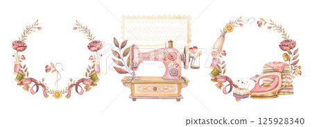 Watercolor sewing machine and tools in round and rectangular wreath set. Hand drawn vintage floral template with iron and mannequin. Perfect for tailor logo and romantic card and invitation design. Watercolor sewing machine and tools in round and rectangular wreath set. Hand drawn vintage floral template with iron and mannequin. Perfect for tailor logo and romantic card and invitation design. 125928340