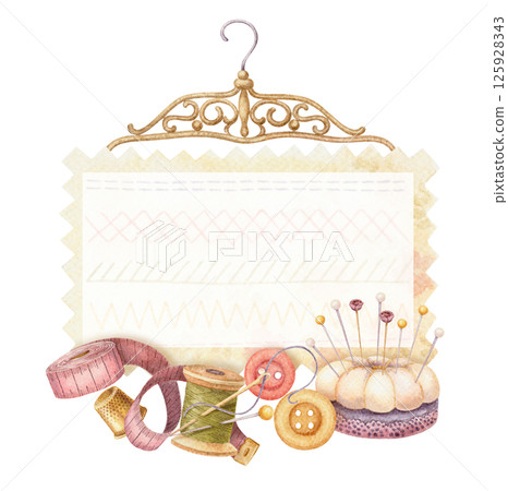 Watercolor sewing frame with rectangular fabric sample and tailor tools. Hand drawn vintage floral template with clothes hanger. Perfect for tailor logo and romantic card and invitation design. Watercolor sewing frame with rectangular fabric sample and tailor tools. Hand drawn vintage floral template with clothes hanger. Perfect for tailor logo and romantic card and invitation design. 125928343