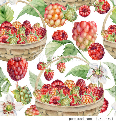 Raspberry with leaves in weaved basket, hand drawn in watercolor. Scattered ripe picked forest garden berry harvest. Isolated seamless pattern. Home preserves, textile linens, food store, packaging 125928391