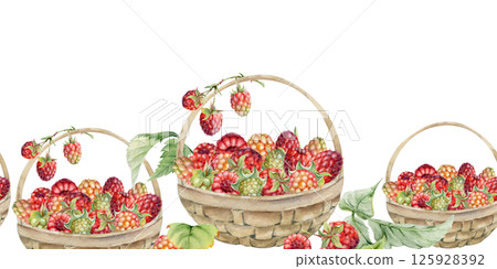 Raspberry with leaves in weaved basket, hand drawn in watercolor, scattered ripe picked forest garden berry harvest. Isolated seamless banner. Dessert menu, cookbook, craft farmers market, gardening Raspberry with leaves in weaved basket, hand drawn in watercolor, scattered ripe picked forest garden berry harvest. Isolated seamless banner. Dessert menu, cookbook, craft farmers market, gardening 125928392
