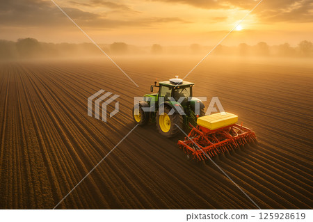 Autonomous tractor plowing vast agricultural field at sunrise with dust and golden morning light in rural farming landscape 125928619