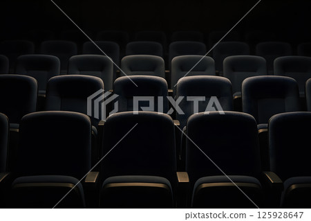Empty movie theater seats in dim light creating dramatic atmosphere and anticipation before film screening or cinema event begins in dark auditorium 125928647
