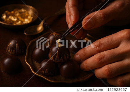 Luxury artisan chocolate bonbons being decorated with edible gold leaf by hand using tweezers, detailed city skyline design on dark chocolate in warm lighting Luxury artisan chocolate bonbons being decorated with edible gold leaf by hand using tweezers, detailed city skyline design on dark chocolate in warm lighting 125928667