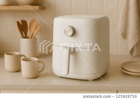 White air fryer with analog dial placed on beige kitchen counter in minimalist modern interior with ceramic mugs, wooden utensils and soft warm lighting 125928710