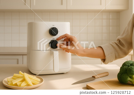 Adjusting temperature on white air fryer in bright minimalist kitchen with fresh vegetables and potato fries prepared for cooking on counter 125928712