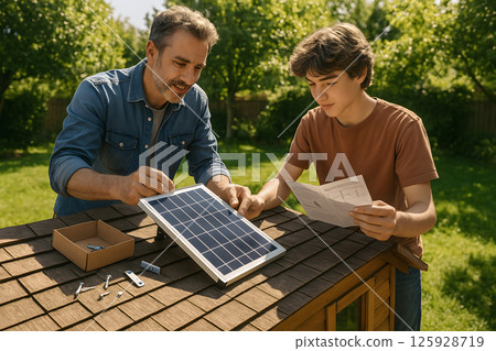 Father and teenage son assembling small solar panel together in backyard while reading instructions, learning about renewable energy through hands-on experience 125928719
