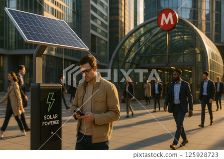 Man charging smartphone at solar station near metro entrance in busy city center during golden hour commute 125928723